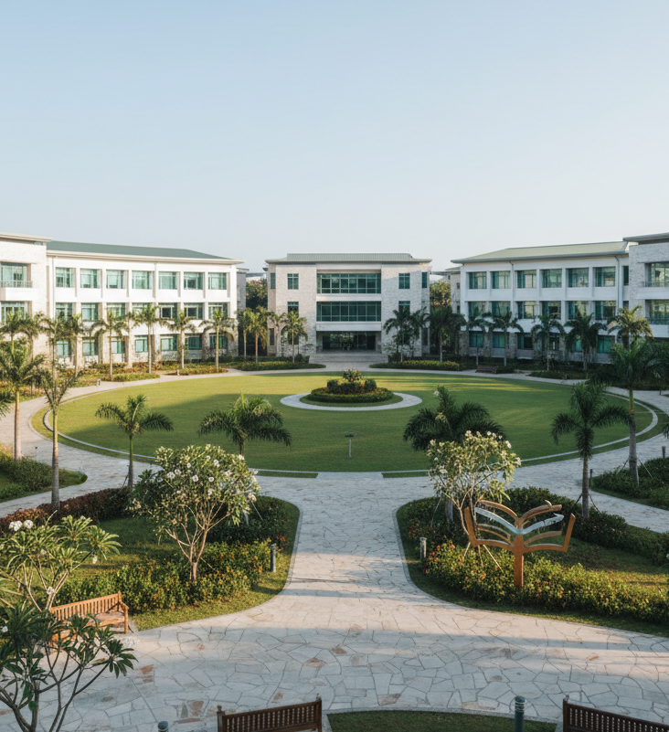 A wide, panoramic photographic view of a modern Philippine university campus on a clear day, with contemporary low-rise academic buildings in white and light gray stone surrounding a central green courtyard. In the foreground, a neat pathway leads past shaded benches and a small signboard that subtly suggests guidance and orientation, without readable text. Tropical trees and well-kept gardens frame the scene. Soft late-morning sunlight creates crisp but gentle shadows, highlighting the clean architecture. Shot at eye level with sharp focus throughout, the composition feels welcoming and professional, evoking an organized, trustworthy environment ideal for Arabic-speaking students planning to study English or pursue degrees in the Philippines.