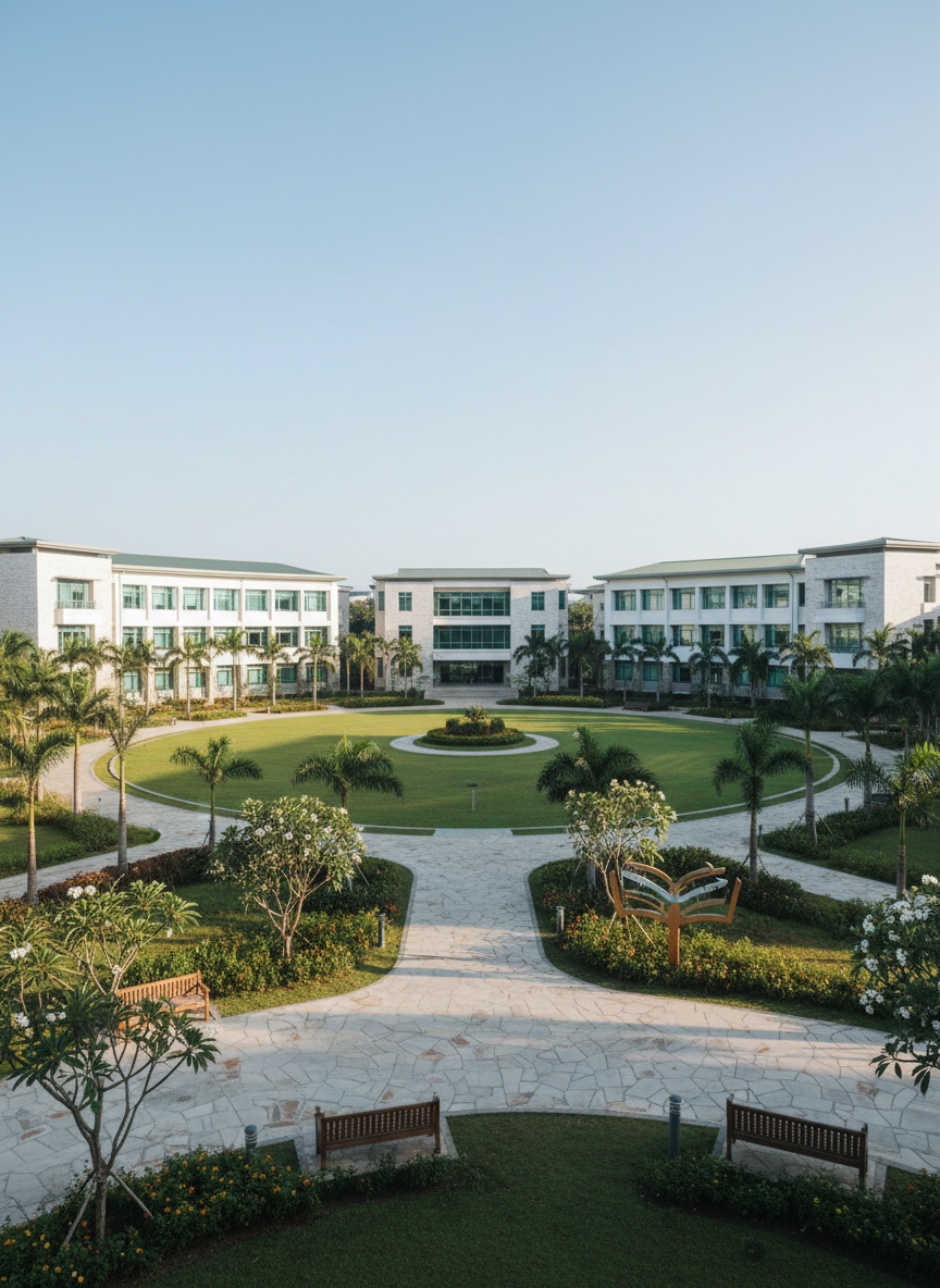 A wide, panoramic photographic view of a modern Philippine university campus on a clear day, with contemporary low-rise academic buildings in white and light gray stone surrounding a central green courtyard. In the foreground, a neat pathway leads past shaded benches and a small signboard that subtly suggests guidance and orientation, without readable text. Tropical trees and well-kept gardens frame the scene. Soft late-morning sunlight creates crisp but gentle shadows, highlighting the clean architecture. Shot at eye level with sharp focus throughout, the composition feels welcoming and professional, evoking an organized, trustworthy environment ideal for Arabic-speaking students planning to study English or pursue degrees in the Philippines.