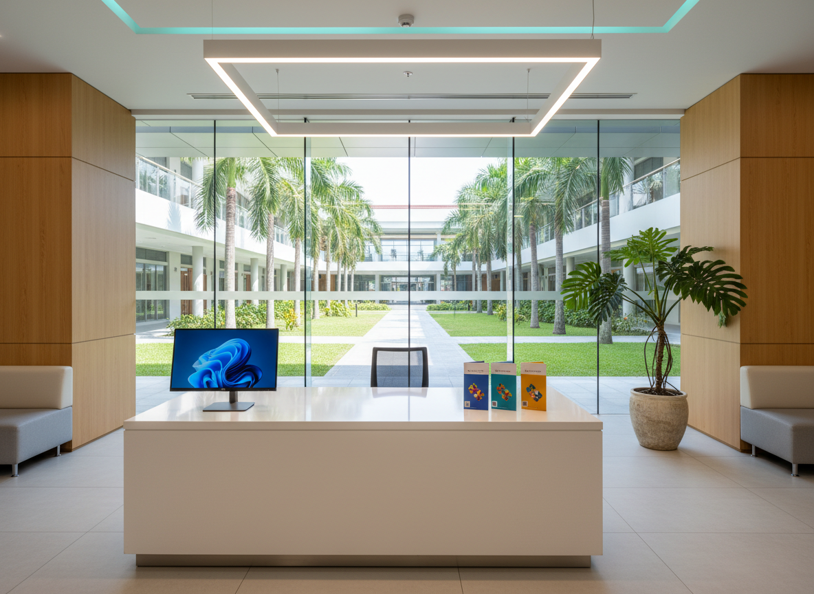 A high-quality photographic scene of an information and consultation area imagined for an education guidance platform, set inside a modern Philippine campus building. A sleek white reception desk sits in the foreground with a minimalist computer monitor and a few neatly stacked brochures whose covers are colorful but textless. Behind, floor-to-ceiling windows reveal palm-lined walkways and a well-maintained quad. The interior uses light wood panels and neutral colors, with a potted tropical plant adding a touch of green. Soft, cool-toned ceiling lighting mixes with natural daylight, creating a professional yet approachable mood. The camera is placed at eye level with balanced framing, suggesting a welcoming space where Arabic-speaking students can receive clear advice about studying in the Philippines.