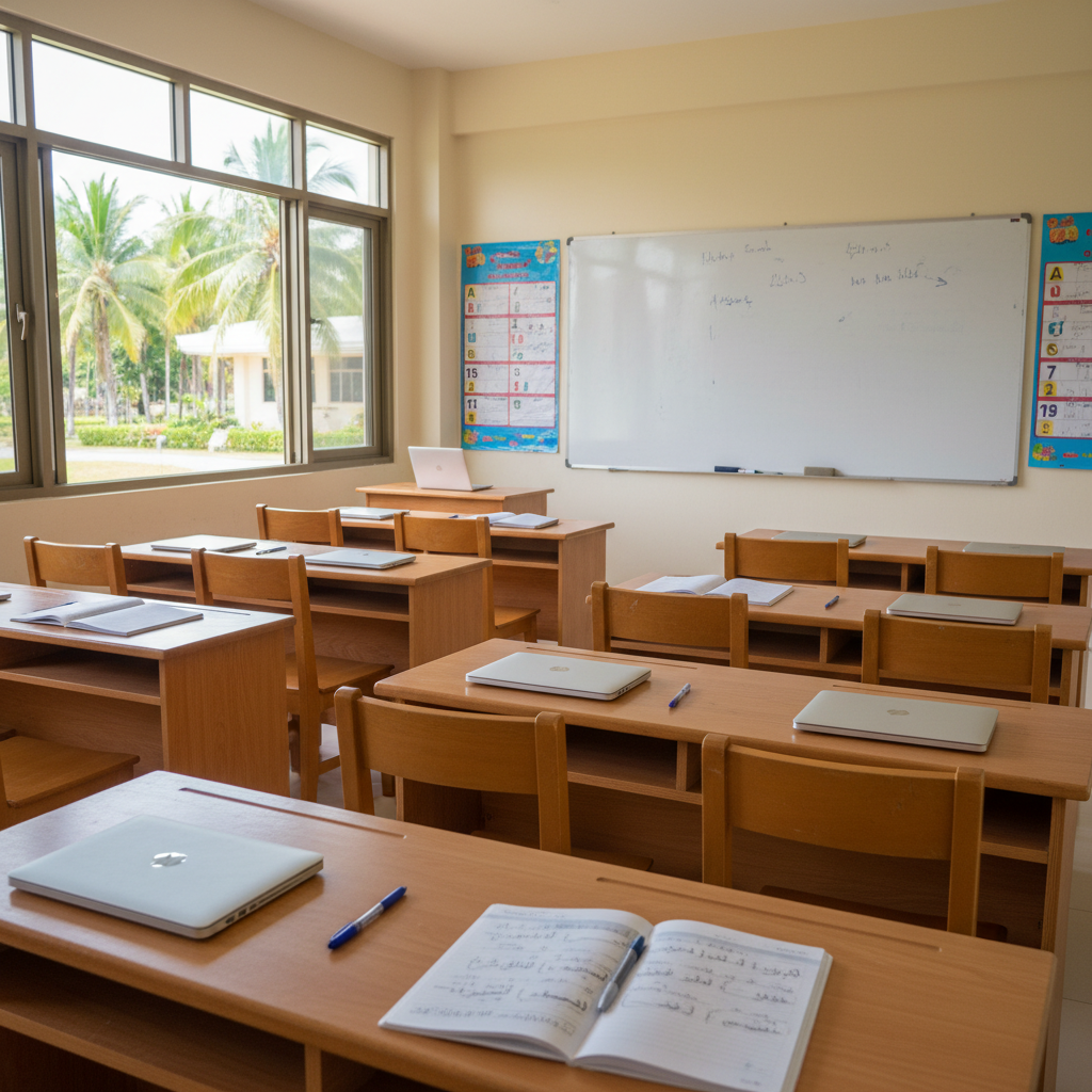 A bright, realistic photographic interior of a Philippine language school classroom, featuring rows of simple wooden desks with smooth light-brown surfaces and neatly arranged notebooks, pens, and closed laptops. At the front stands a large whiteboard with faint, non-legible markings, flanked by colorful but abstract educational posters. Large windows on one side reveal blurred greenery and a hint of a tropical campus outside. Diffused afternoon light fills the room, creating soft, even illumination and minimal shadows. Captured from a slightly elevated angle, the composition emphasizes order, clarity, and focus, reflecting a structured learning environment suitable for international, Arabic-speaking students beginning their English study journey.