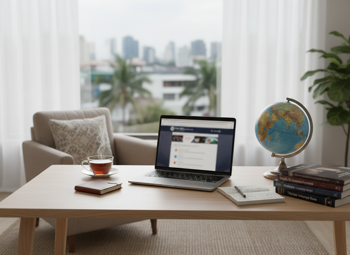 A cozy, photographic study corner designed for an Arabic-speaking student preparing to study in the Philippines, set beside a window overlooking a blurred Philippine city skyline with palm trees and mid-rise buildings. On a light wood desk, an open laptop displays an indistinct educational website, next to a neat stack of English-language textbooks, a small globe turned toward Southeast Asia and the Arab region, and a subtle notepad with handwritten notes that are not readable. Warm, indirect daylight streams through sheer curtains, creating a calm, productive atmosphere. Shot at a three-quarter angle with a shallow depth of field, the background fades into soft bokeh, highlighting the sense of personal focus, planning, and academic ambition.