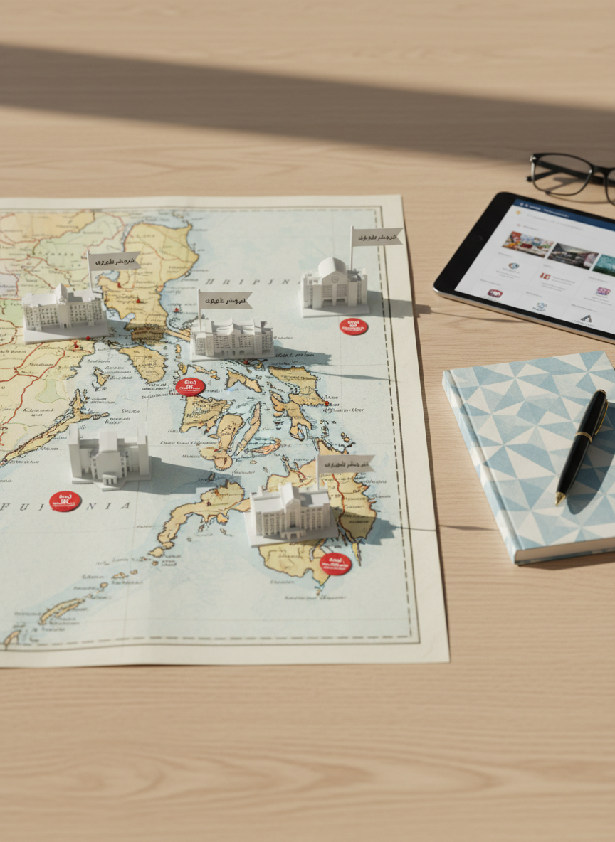A realistic aerial-style photographic scene of several Philippine schools and universities marked as destinations on an illustrated map tabletop, symbolizing the exploration of study options. On a smooth, light-colored table surface lies a detailed paper map of the Philippines with small, three-dimensional campus miniatures placed on major cities. Nearby, a closed notebook with a simple geometric pattern, a pen, and a tablet showing a blurred interface imply organized planning for Arabic-speaking students. Overhead daylight from an unseen window creates soft, even lighting with gentle shadows from the miniature buildings. Captured from a top-down bird’s eye view, the composition feels clean and modern, emphasizing strategic choice and comparison of different English language schools and universities.