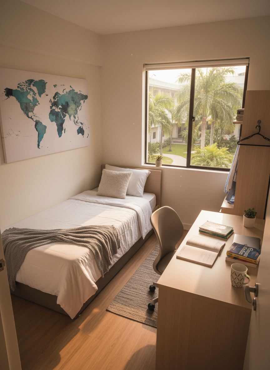 A detailed, realistic photographic scene of a modern dormitory room that an international student in the Philippines might use, decorated in a simple, gender-neutral style. A neatly made single bed with crisp white linens and a light gray throw sits against a pale wall adorned with an abstract world map print. A compact study desk holds an open notebook, a small stack of English learning books, a closed laptop, and a mug. A window reveals a blurred view of a green campus courtyard and tropical foliage. Warm late-afternoon light washes the room, creating gentle, inviting shadows. The shot is taken from an elevated corner, showcasing both the sleeping and study areas, conveying safety, comfort, and independence.