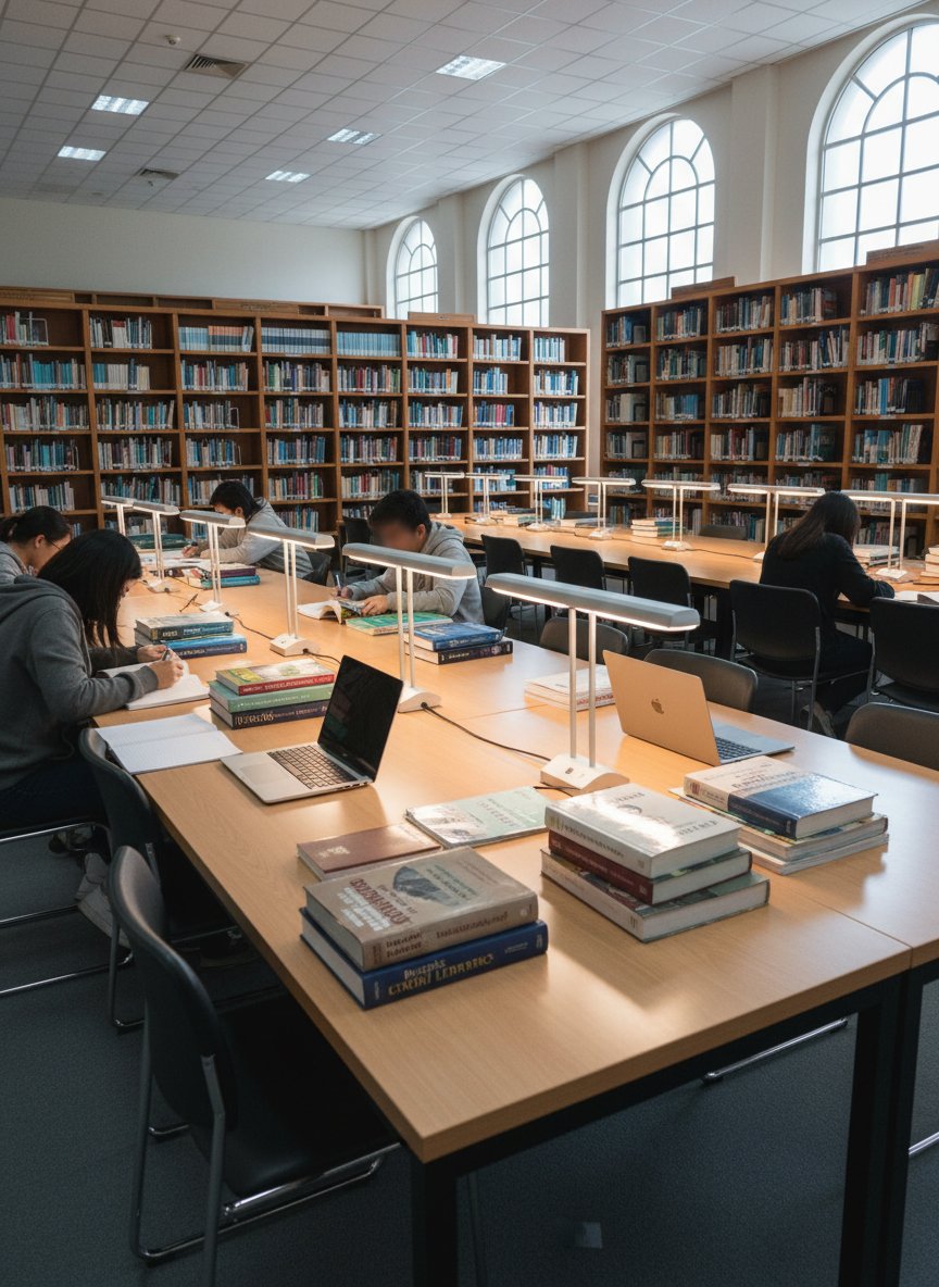 A photographic interior of a shared study space in a Philippine university library, featuring long, light-wood tables with personal study lamps and tidy clusters of English textbooks, blank notebooks, and closed laptops. Tall bookshelves recede into the background filled with neatly arranged volumes in muted colors. High windows allow soft, overcast daylight to stream in, creating a serene, focused atmosphere with mild shadows under the tables. Shot from one corner with a wide-angle lens, the composition leads the eye diagonally through the room, emphasizing depth and opportunity. The mood is calm, academic, and aspirational, representing the quiet dedication of Arabic-speaking students immersing themselves in study abroad.