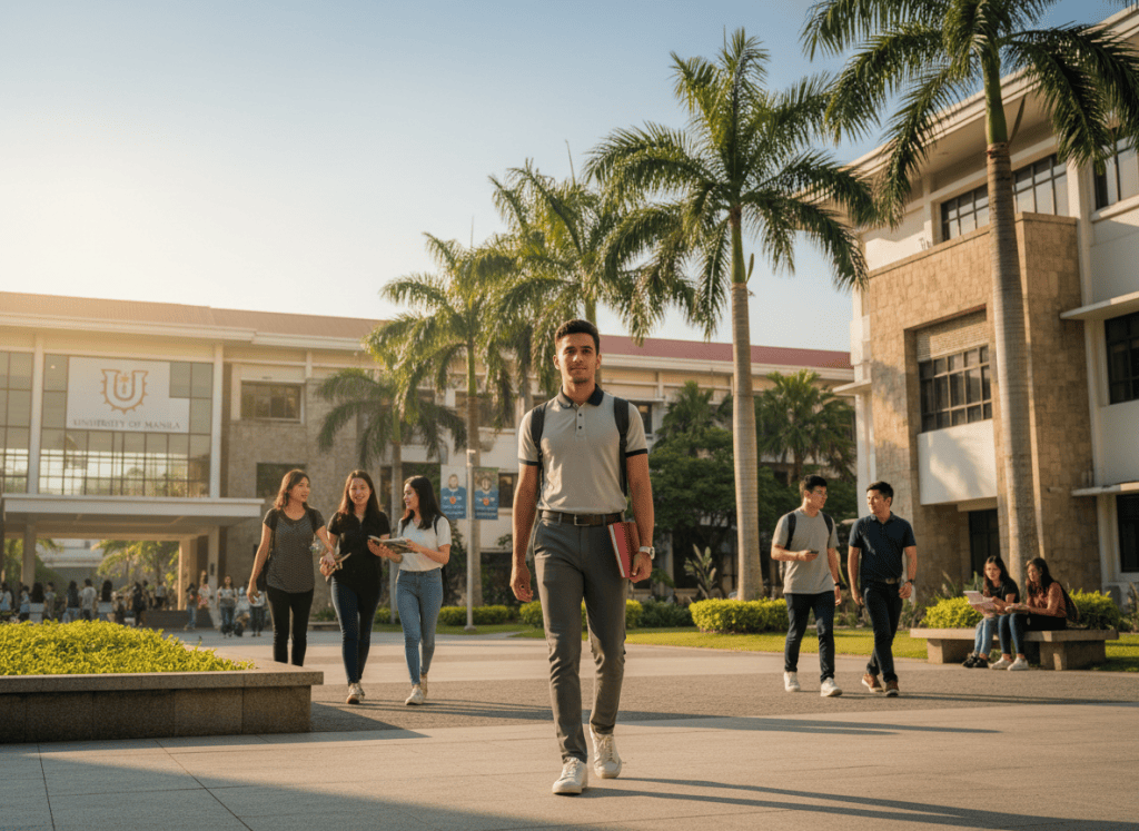 A young Arab male student walking confidently on a modern university campus in Manila Philippines, sunny day, palm trees in background, professional educational atmosphere, warm golden light
